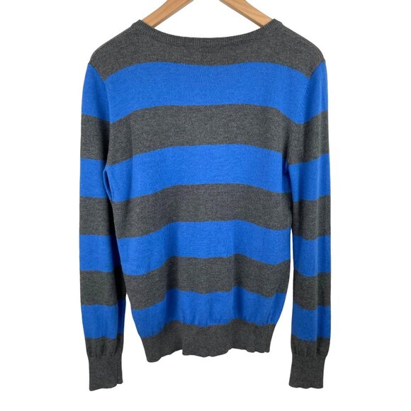 Wow Couture Womens Size Large Blue & Gray Striped V Neck Long Sleeve Sweater - Picture 2 of 7